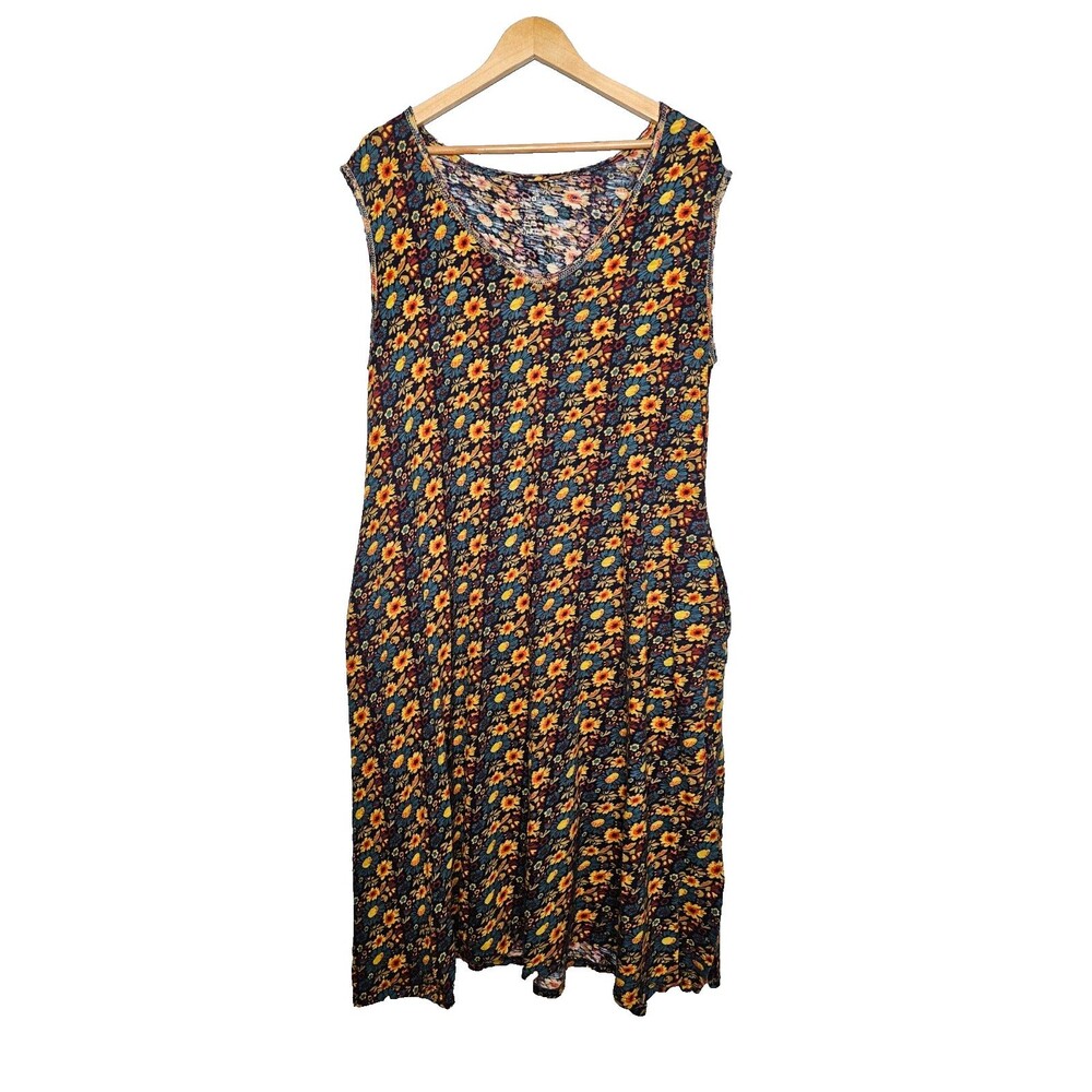 NATURAL LIFE Sunflower Hangout Cotton Midi Dress L/XL Boho Hippie Pockets